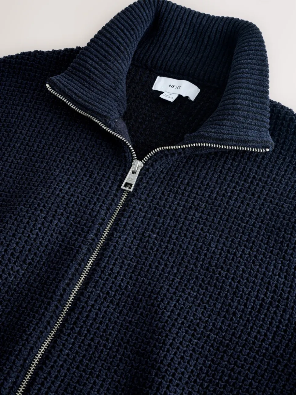 Donkerblauw - Regular Fit Waffle Texture Chenille Zip Through Cardigan