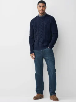 Donkerblauw - Regular Fit Aran Cable Mock Shirt Jumper