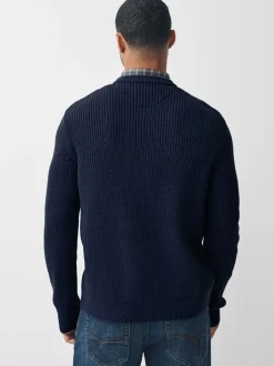 Donkerblauw - Regular Fit Aran Cable Mock Shirt Jumper