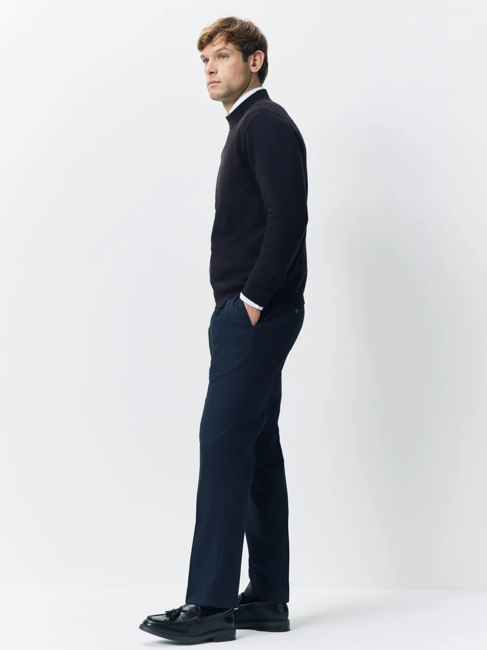 Donkerblauw - Regular Tapered Fit Smart Textured Soft Touch Trousers