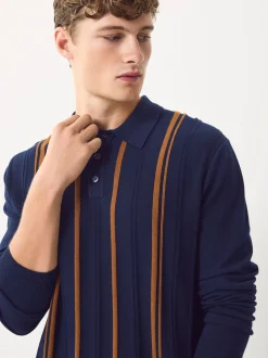 Donkerblauw - Regular-fit poloshirt met lange mouwen, streepdessin en hoog katoengehalte