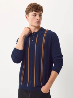 Donkerblauw - Regular-fit poloshirt met lange mouwen, streepdessin en hoog katoengehalte