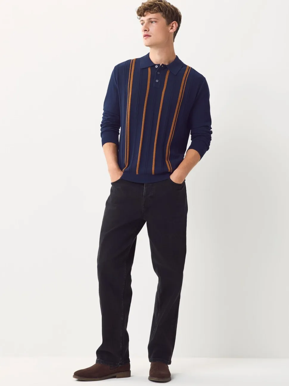 Donkerblauw - Regular-fit poloshirt met lange mouwen, streepdessin en hoog katoengehalte
