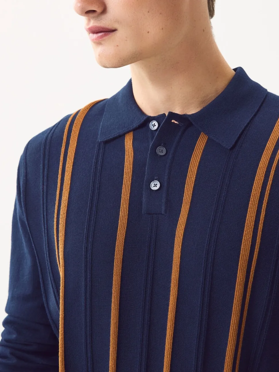 Donkerblauw - Regular-fit poloshirt met lange mouwen, streepdessin en hoog katoengehalte