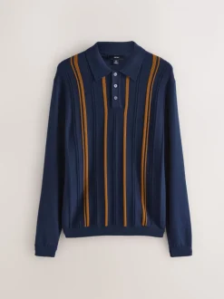 Donkerblauw - Regular-fit poloshirt met lange mouwen, streepdessin en hoog katoengehalte