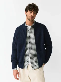Donkerblauw - Rib Texture Zip Through Cardigan with Wool