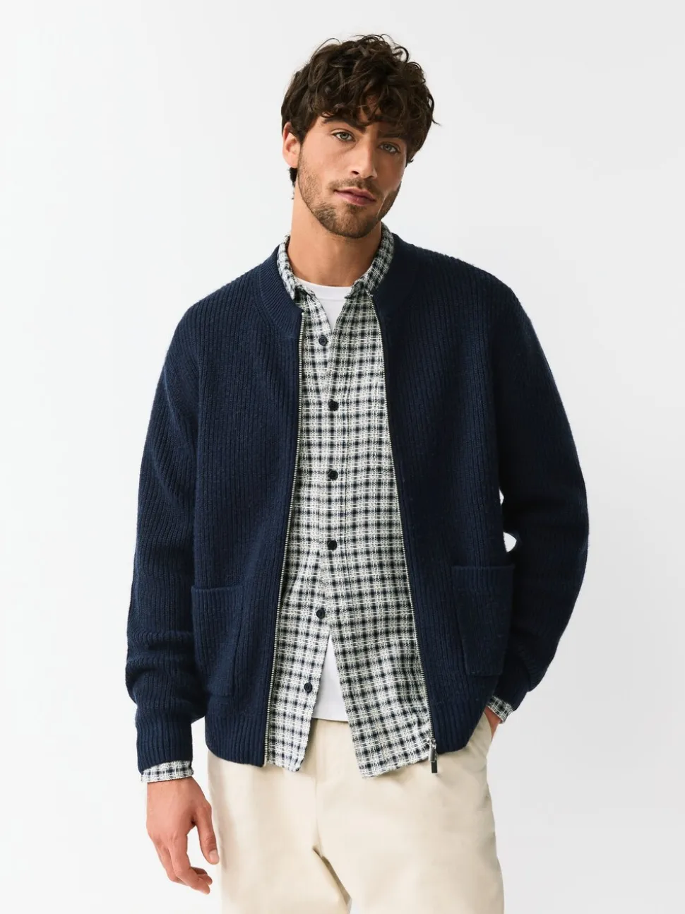 Donkerblauw - Rib Texture Zip Through Cardigan with Wool