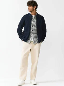 Donkerblauw - Rib Texture Zip Through Cardigan with Wool