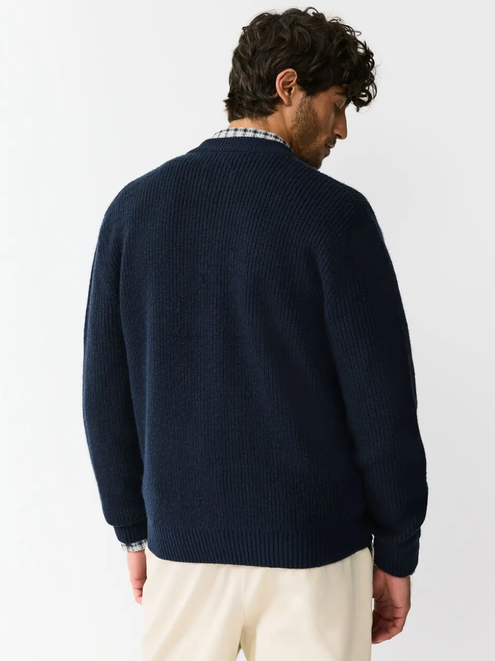 Donkerblauw - Rib Texture Zip Through Cardigan with Wool