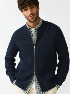 Donkerblauw - Rib Texture Zip Through Cardigan with Wool