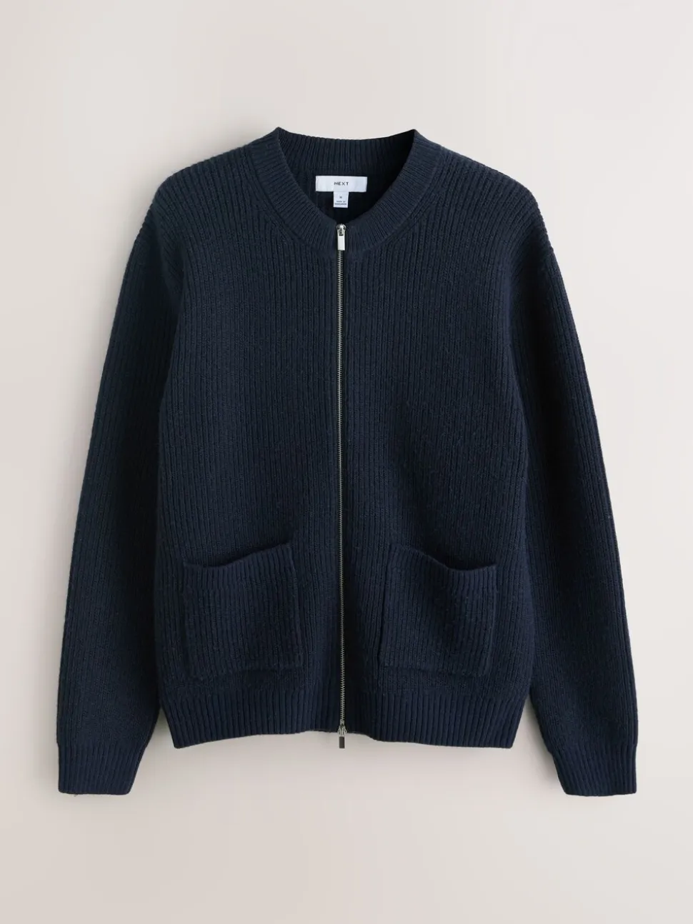 Donkerblauw - Rib Texture Zip Through Cardigan with Wool