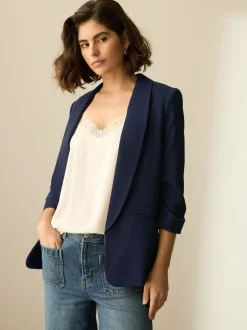 Donkerblauw - Ruimvallend blazer met gerimpelde mouwen