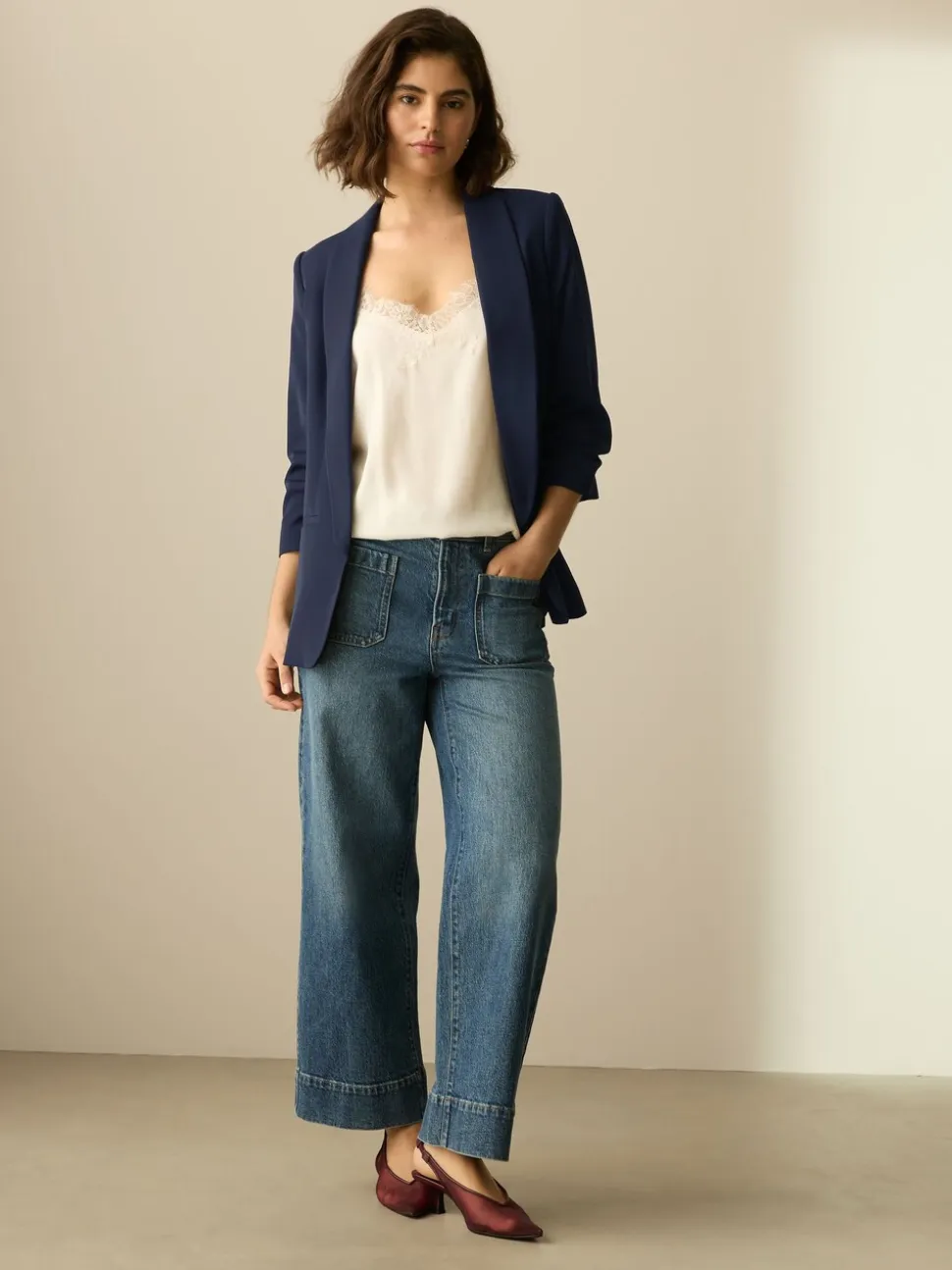 Donkerblauw - Ruimvallend blazer met gerimpelde mouwen