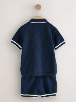 Donkerblauw - Set van gebreid poloshirt met textuur en reverskraag en shorts (3mnd -10jr)