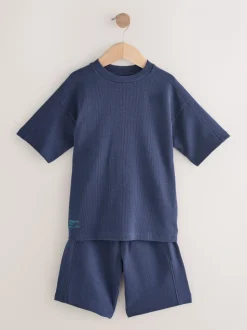 Donkerblauw - Set van T-shirt met textuur en korte mouwen en shorts (3 - 16 jr)