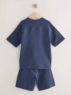 Donkerblauw - Set van T-shirt met textuur en korte mouwen en shorts (3 - 16 jr)