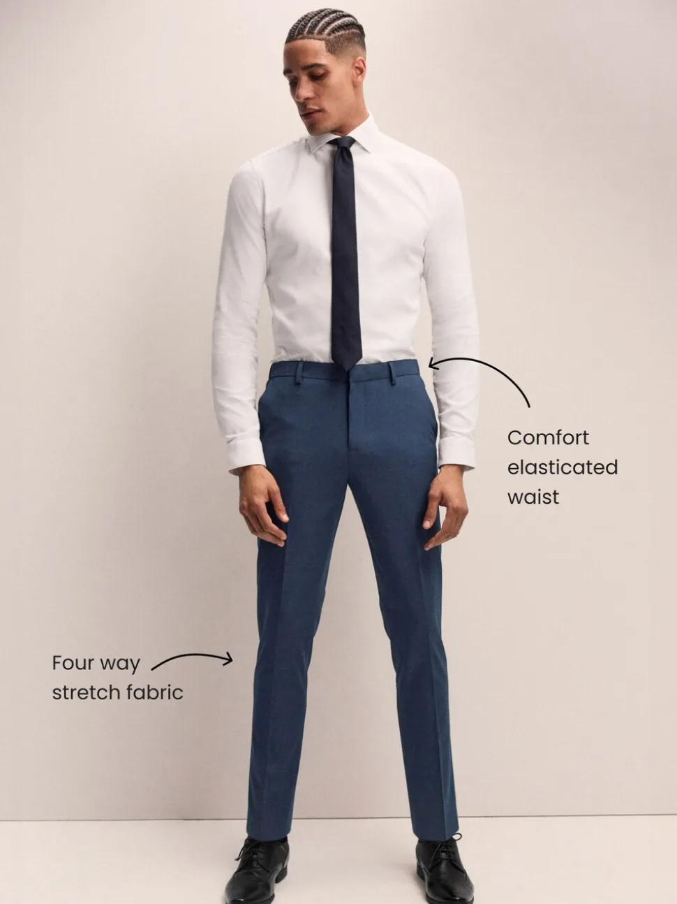 Donkerblauw - Slim Fit - Elasticated Waist Motionflex Stretch Smart Trousers