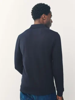 Donkerblauw - Slim Fit - Piqué polo met lange mouwen