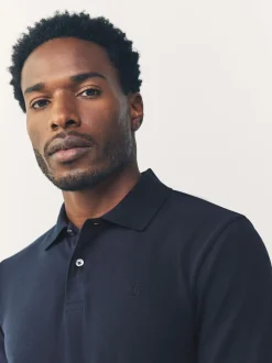 Donkerblauw - Slim Fit - Piqué polo met lange mouwen