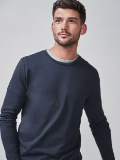 Donkerblauw - Slim Fit - T-shirt met lange mouwen en ronde hals