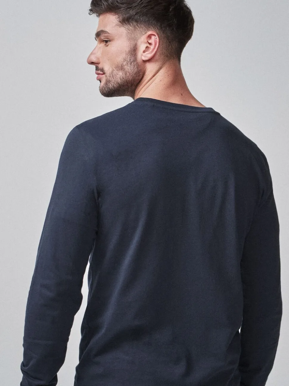 Donkerblauw - Slim Fit - T-shirt met lange mouwen en ronde hals
