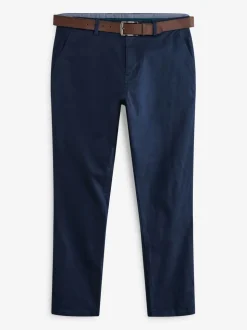 Donkerblauw - Slim Fit - Zachte chino met riem