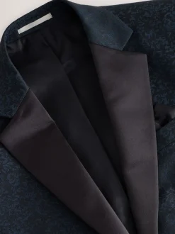 Donkerblauw - Slim Fit Jacquard Pattern Tuxedo Suit Jacket
