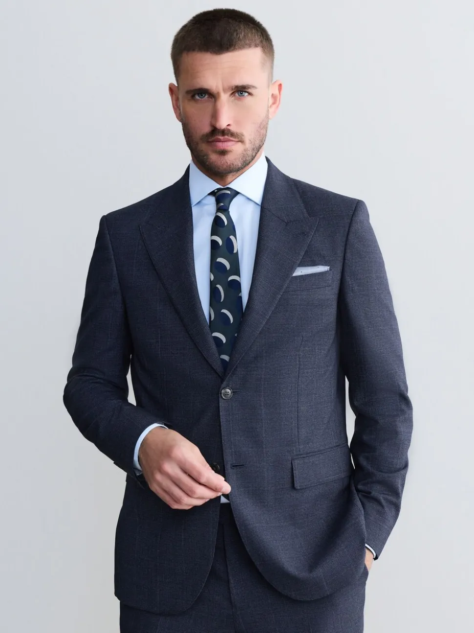 Donkerblauw - Slim-fit Signature Marzotto 100% Italiaans wollen geruit colbert