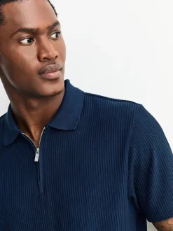 Donkerblauw - Smart poloshirt met textuur en rits