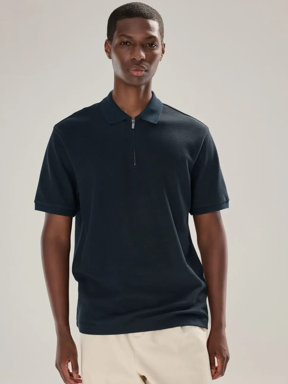 Donkerblauw - Smart poloshirt met textuur en rits