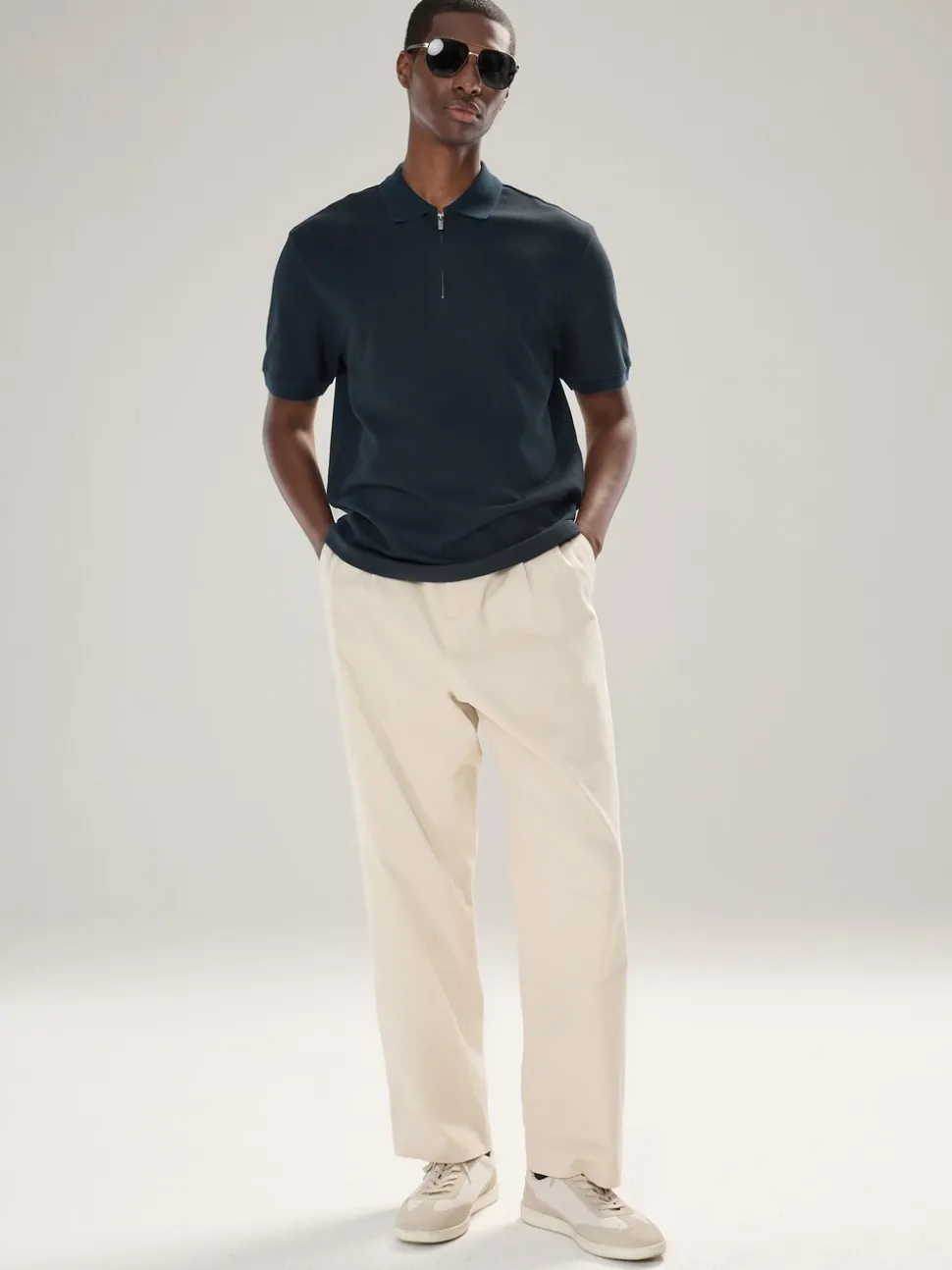 Donkerblauw - Smart poloshirt met textuur en rits