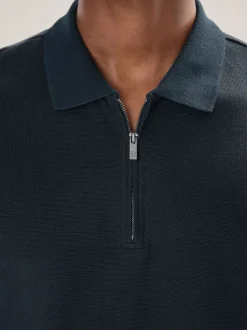 Donkerblauw - Smart poloshirt met textuur en rits