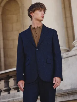 Donkerblauw - Tailored Fit Signature Abraham Moon 100% British Wool Donegal Suit Jacket