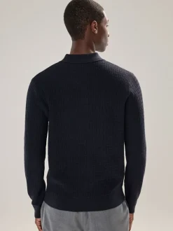 Donkerblauw - Textuur - Regular Fit Essential Long Sleeve Knitted Polo Shirt