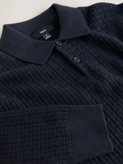 Donkerblauw - Textuur - Regular Fit Essential Long Sleeve Knitted Polo Shirt