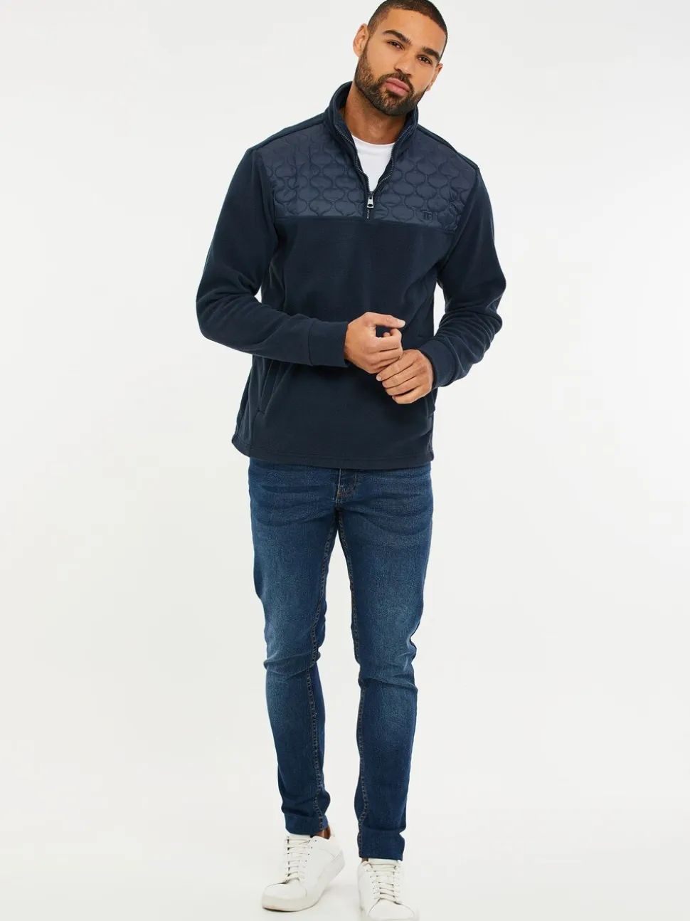 Donkerblauw - Threadbare doorgestikt fleece sweatshirt met kwartrits