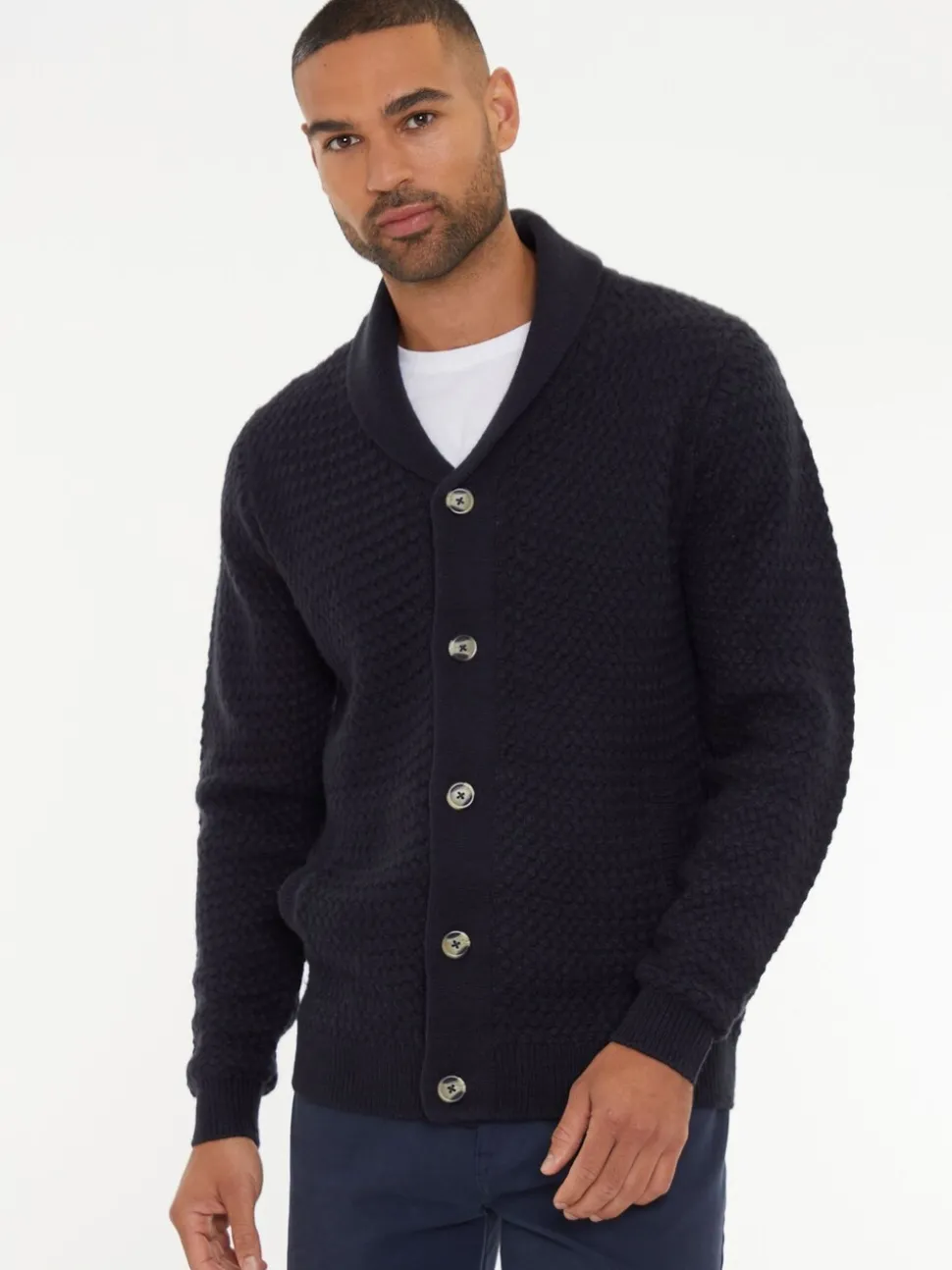 Donkerblauw - Threadbare sjaalkraag gebreid vest