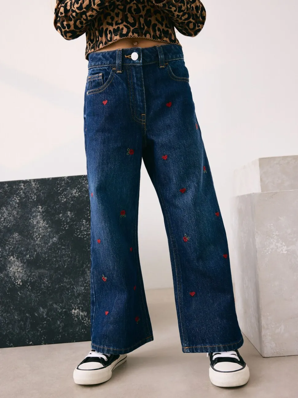 Donkerblauw - Wijde jeans met Bloemenprint en versieringen (3-16jr)