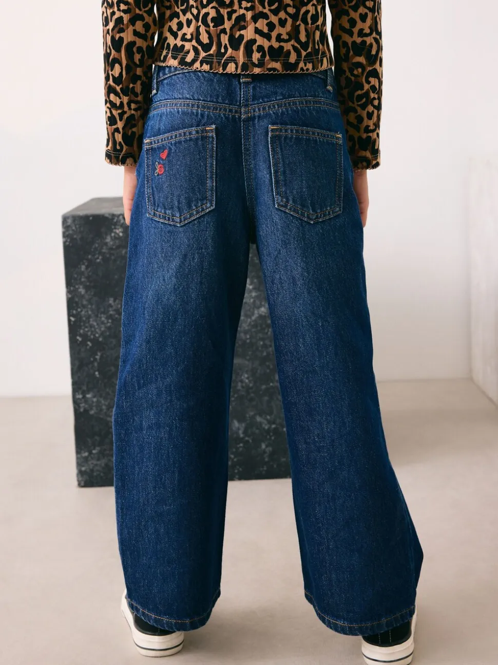 Donkerblauw - Wijde jeans met Bloemenprint en versieringen (3-16jr)