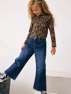 Donkerblauw - Wijde jeans met Bloemenprint en versieringen (3-16jr)