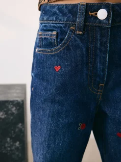 Donkerblauw - Wijde jeans met Bloemenprint en versieringen (3-16jr)