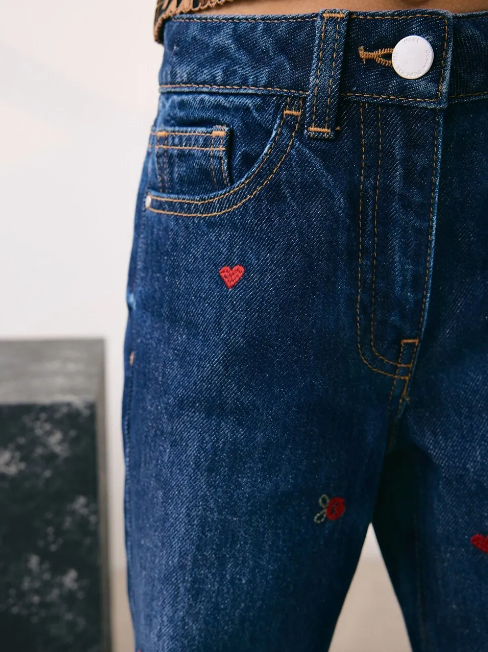 Donkerblauw - Wijde jeans met Bloemenprint en versieringen (3-16jr)