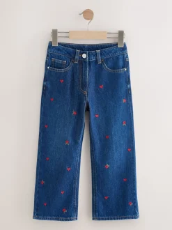 Donkerblauw - Wijde jeans met Bloemenprint en versieringen (3-16jr)