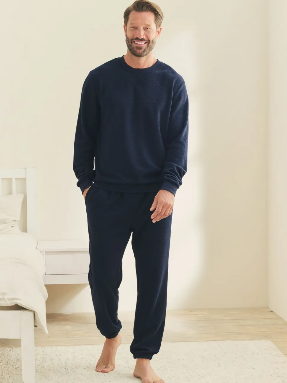 Donkerblauw - Zachte pyjama met top met wafeldessin en lange mouwen
