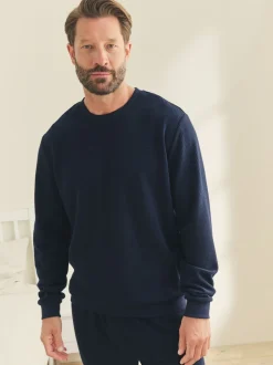 Donkerblauw - Zachte pyjama met top met wafeldessin en lange mouwen