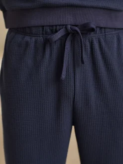 Donkerblauw - Zachte pyjama met top met wafeldessin en lange mouwen