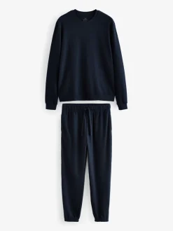Donkerblauw - Zachte pyjama met top met wafeldessin en lange mouwen