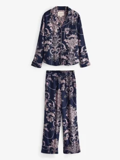 Donkerblauw/roze - Laura Ashley Josette pyjama met knopen
