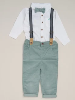 Donkergroen - Little Gent Corduroy Bow Tie Mock Shirt and Trousers With Braces Outfit Set