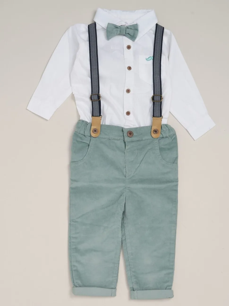 Donkergroen - Little Gent Corduroy Bow Tie Mock Shirt and Trousers With Braces Outfit Set